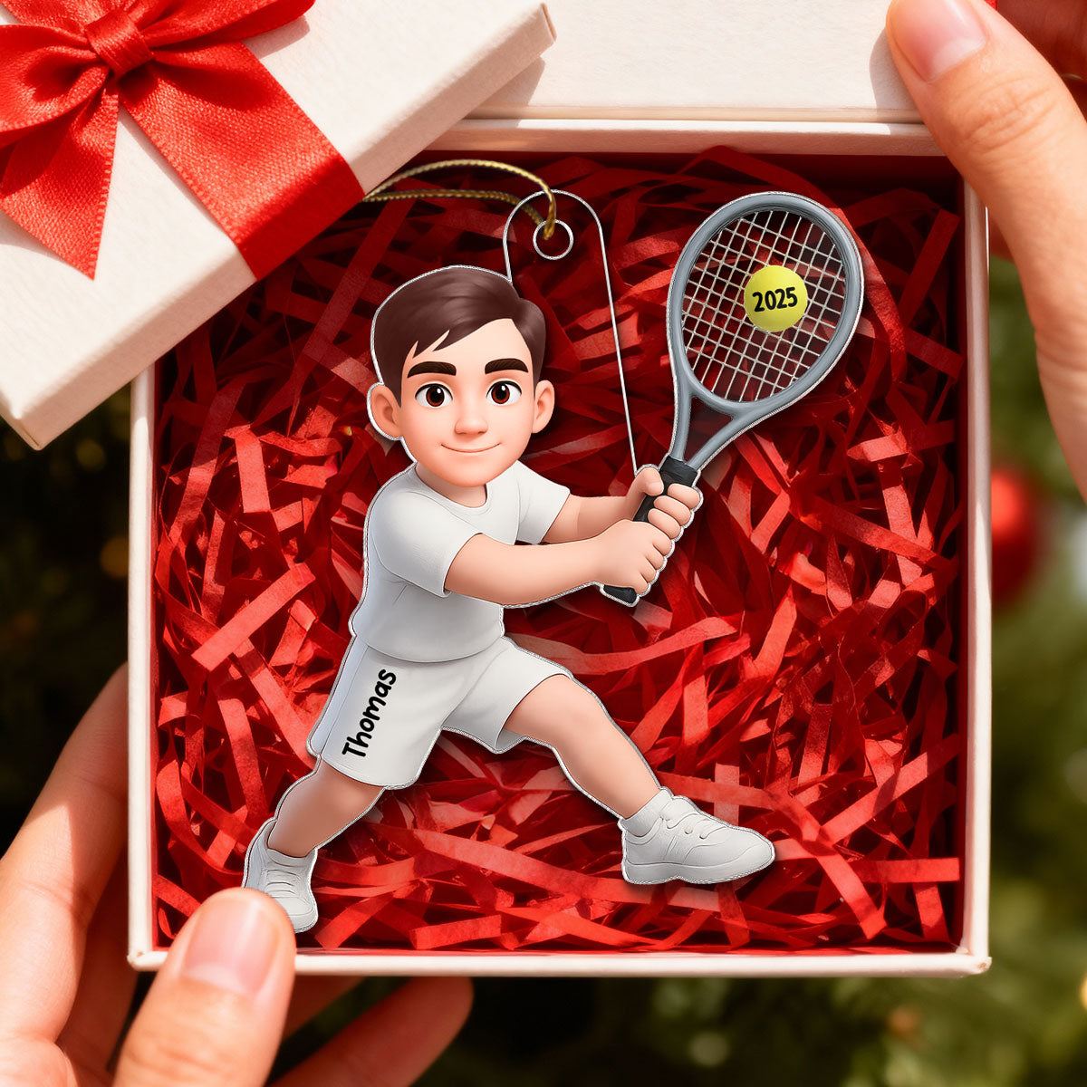3D Effect Christmas Girl Boy Playing Tennis - Personalized Acrylic Ornament - Gift For Tennis Players, Grandson, Granddaughter