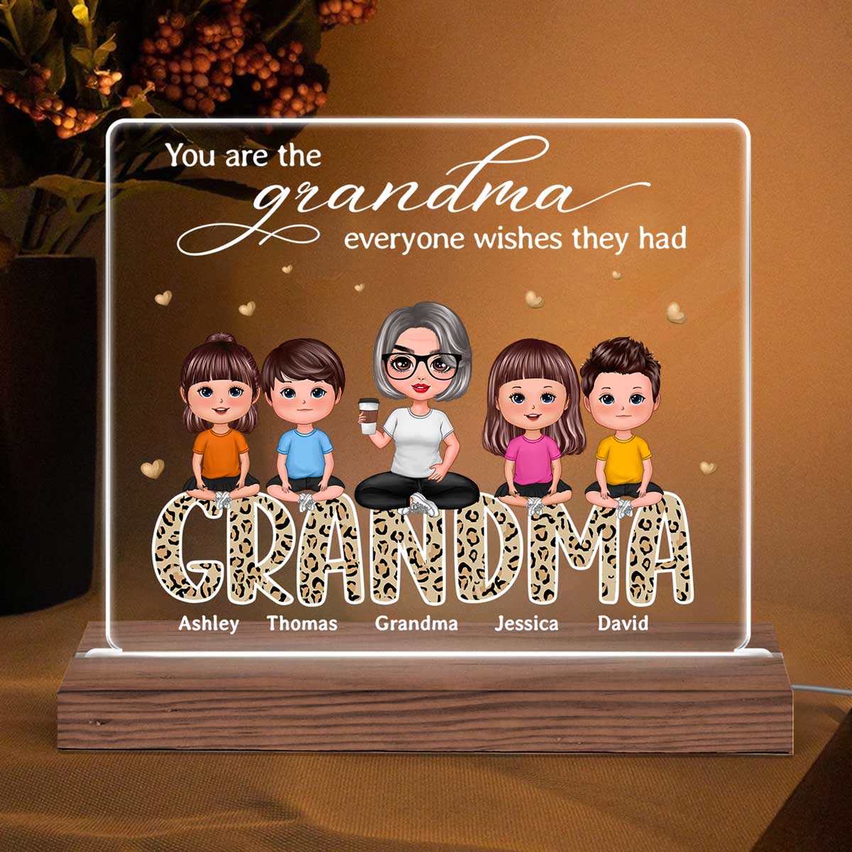 The Grandma Everyone Wishes They Had Doll Grandma Grandkids Sitting On Leopard Pattern Word Personalized Custom Shape Acrylic Plaque LED Night Light