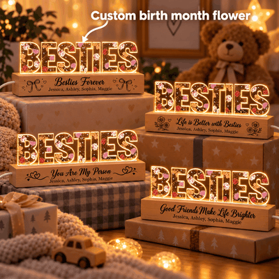 Besties Forever Together Custom Birth Month Flowers - Personalized Acrylic Plaque LED Night Light - Christmas Gift Best Friends, Besties
