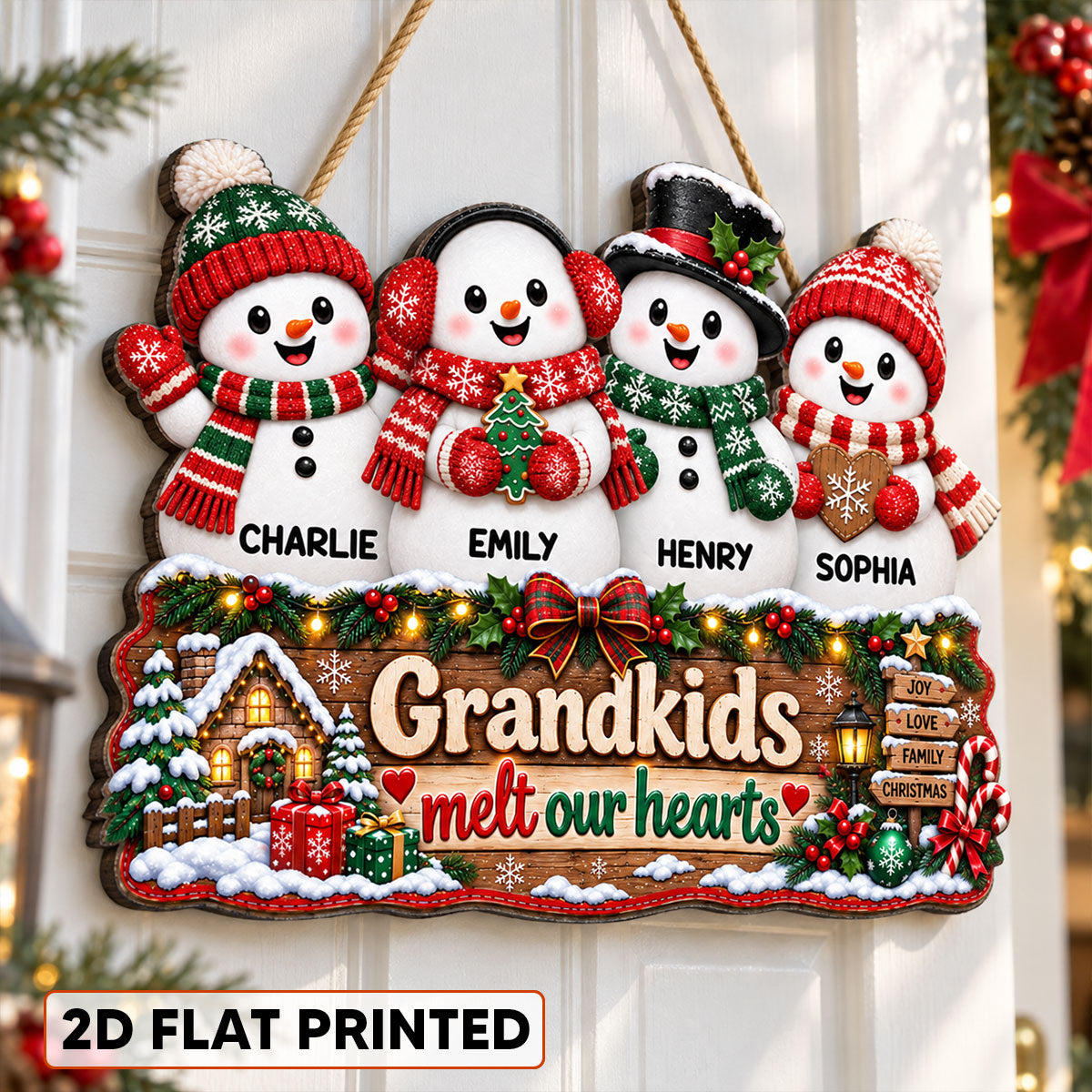 Christmas Snowman Grandkids Melts Our Hearts - Personalized Wood Sign - Christmas Decor, Door Sign For Grandparents