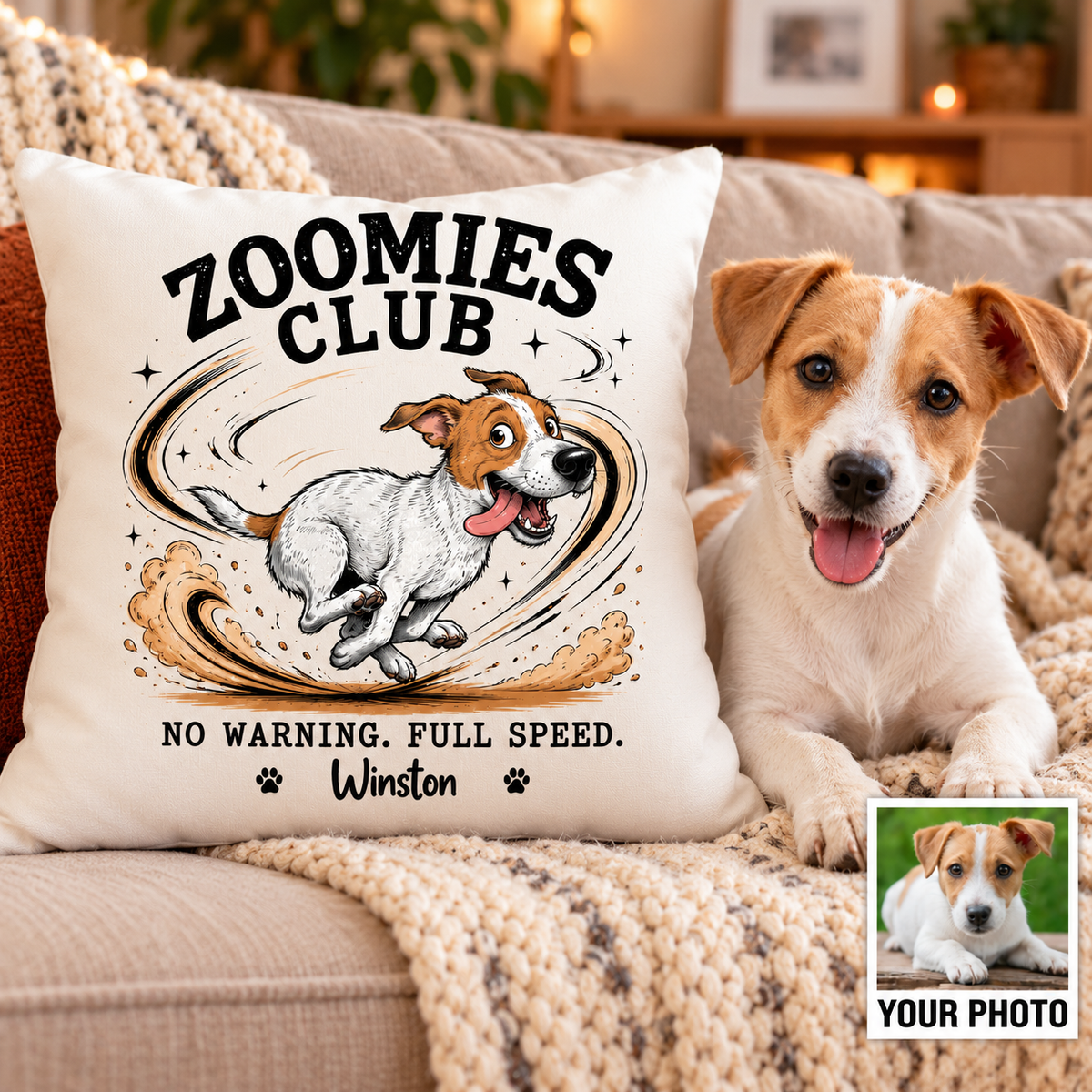 Zoomies Club Official Member Quirky Dog Portrait From Your Custom Pet Photo - Personalized Pillow - Funny Gift For Dog Cat Lover