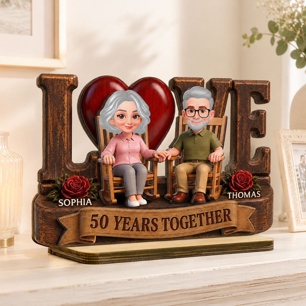 Love Old Couple Anniversary Gift - Personalized 2-Layered Wooden Plaque - Wedding Year Decor