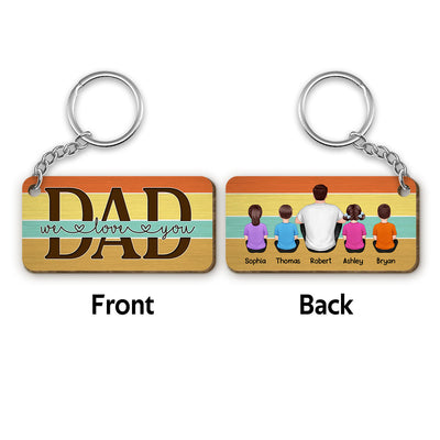 Best Dad Ever Back View Sitting Man & Kids Dog Cat Retro Personalized Wooden Keychain