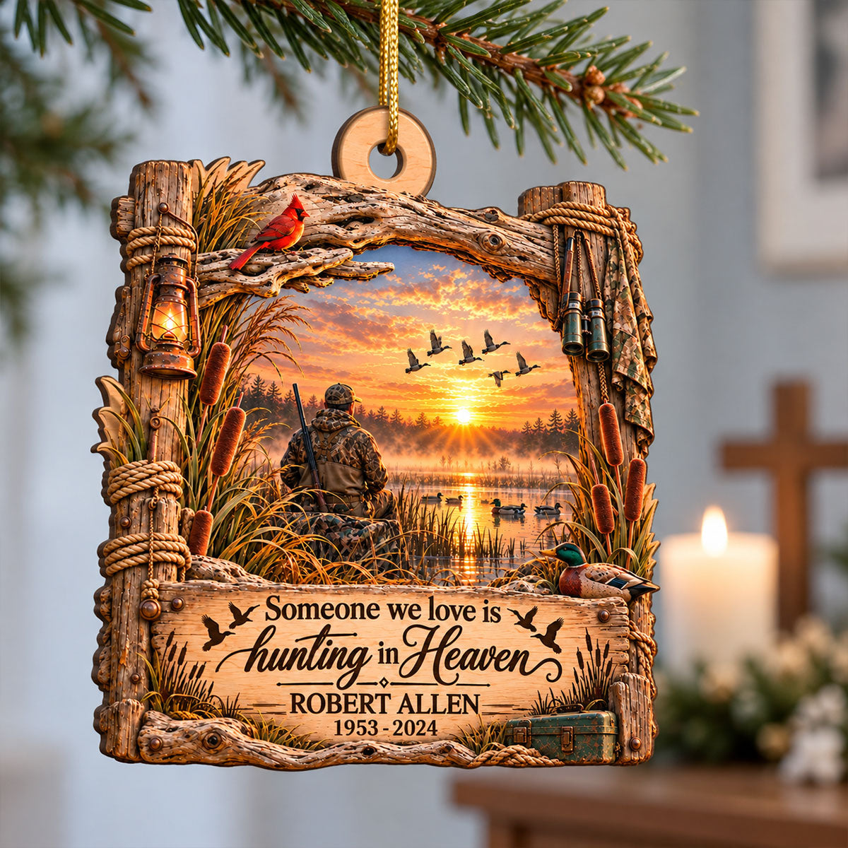 Hunting In Heaven Duck Hunting 2D Flat - Personalized Wooden Ornament - Memorial Sympathy Gift