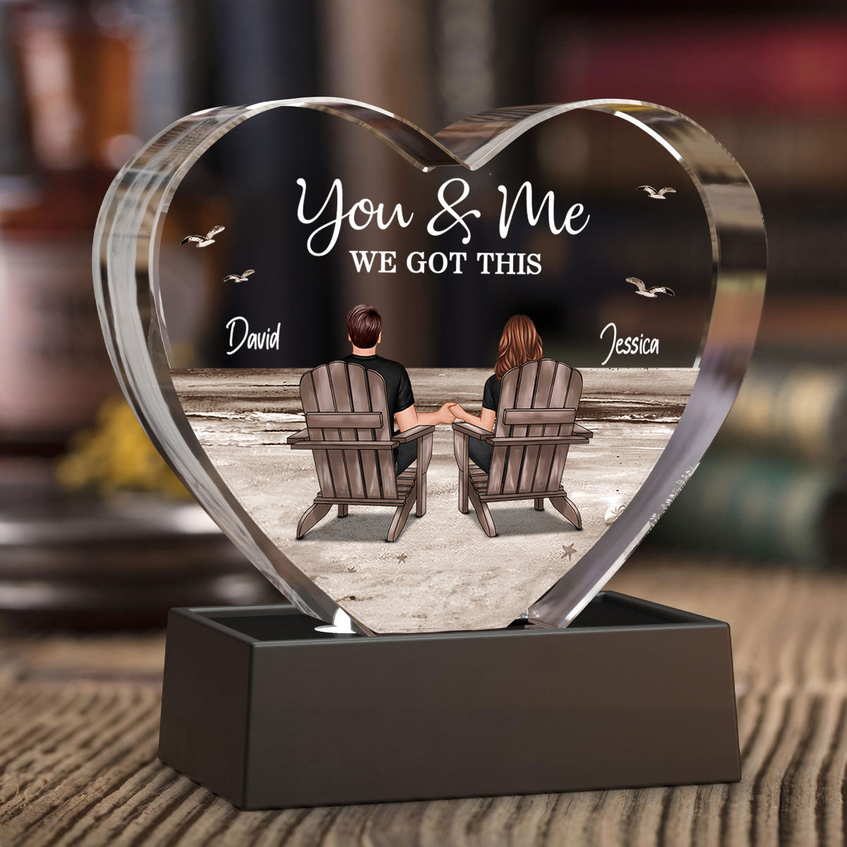 Couple Sitting At Beach Personalized Premium Crystal Heart LED, A Timeless Treasure Full of Emotion