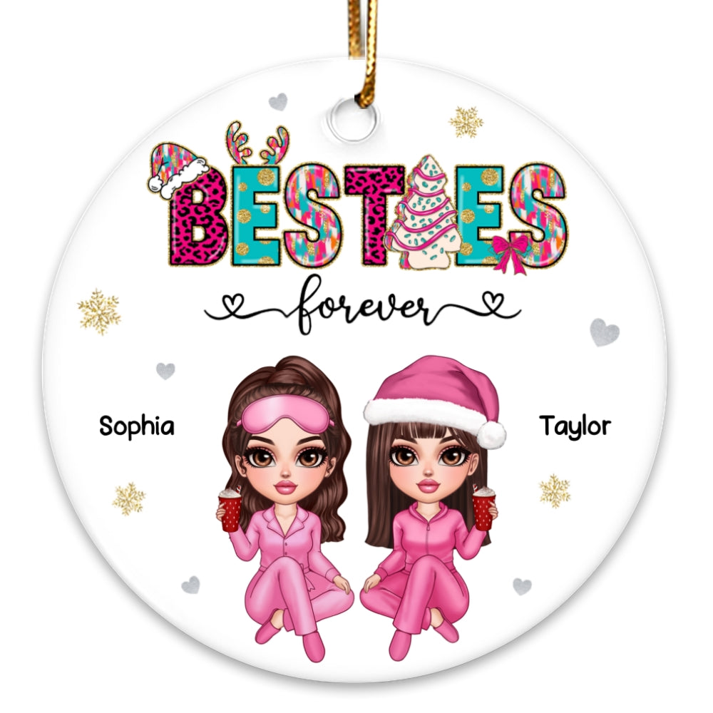 Pink And Teal Besties Forever Christmas Personalized Ceramic Ornament, Christmas Gift For Best Friends