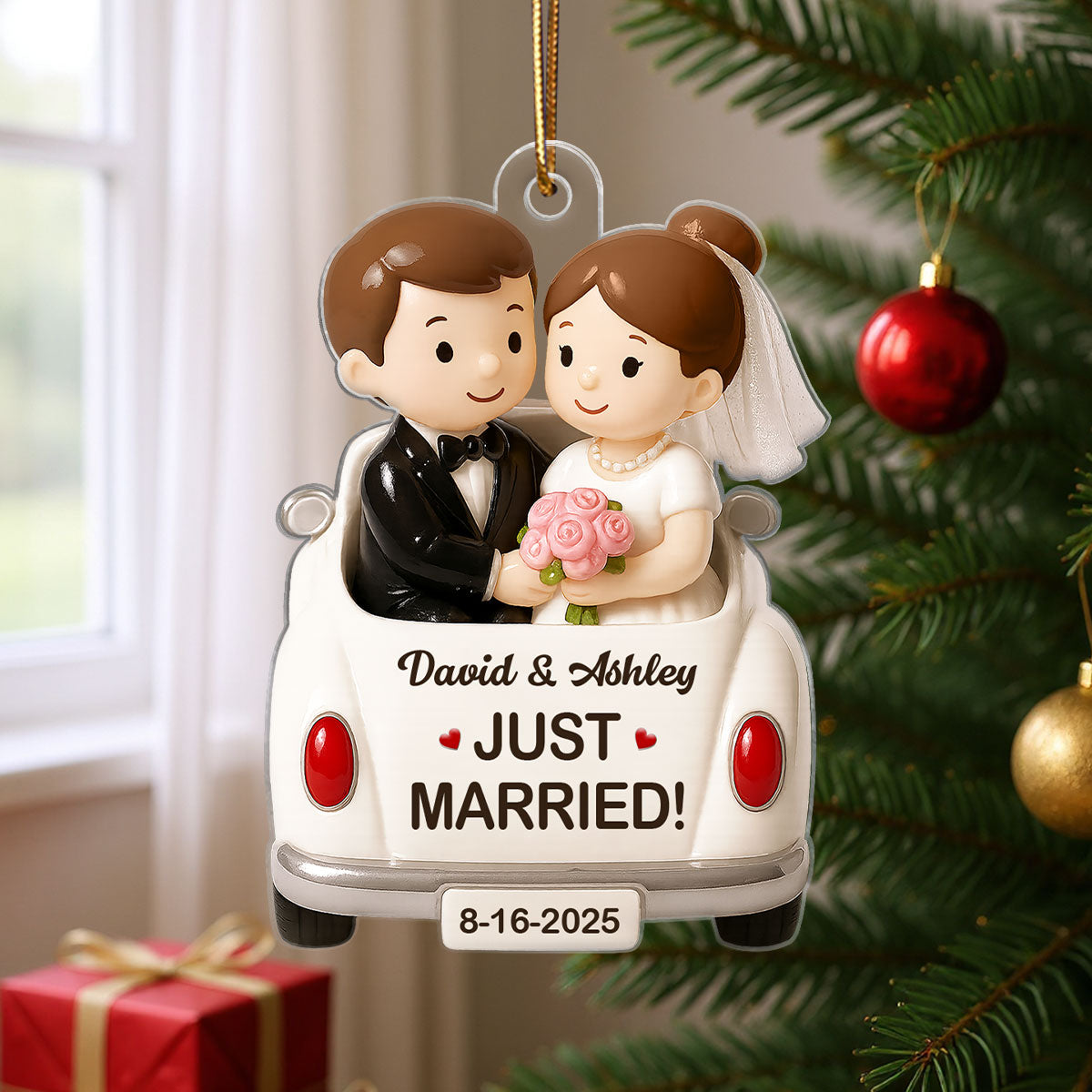 3D Effect Just Married Forever Love Couple Personalized Flat Acrylic Ornament, Gift For Newly Wedding Couple