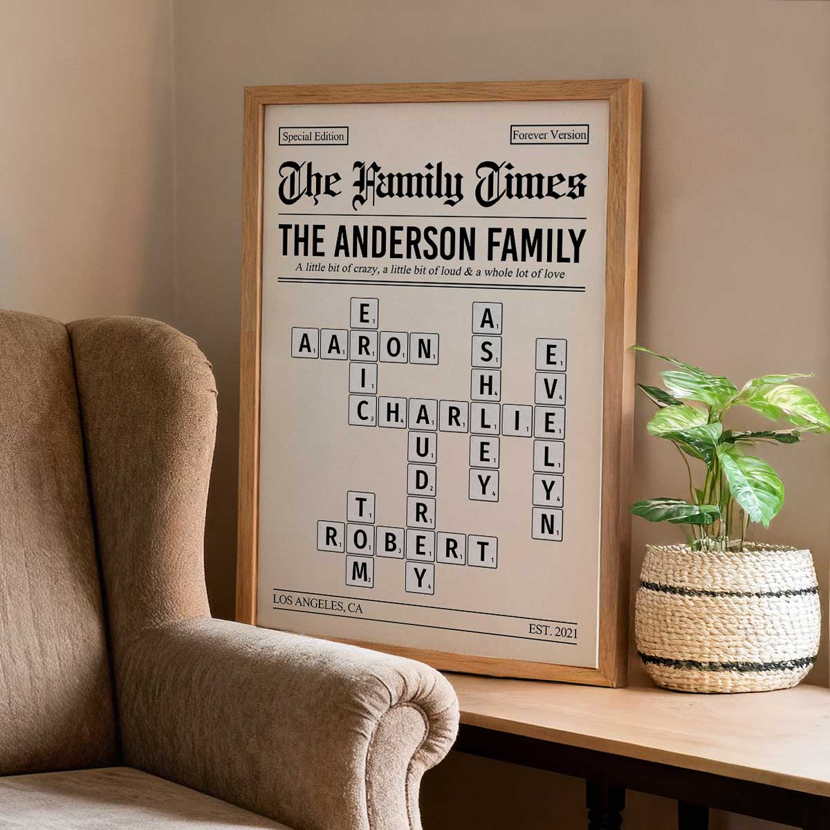 The Family Times Crossword Puzzle Newspaper Style - Personalized Poster - Home Decor Keepsake Gift For Family