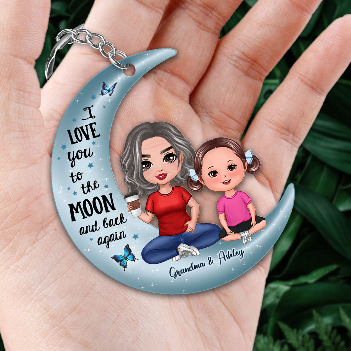 Doll Grandma & Grandkid On Moon Personalized Acrylic Keychain