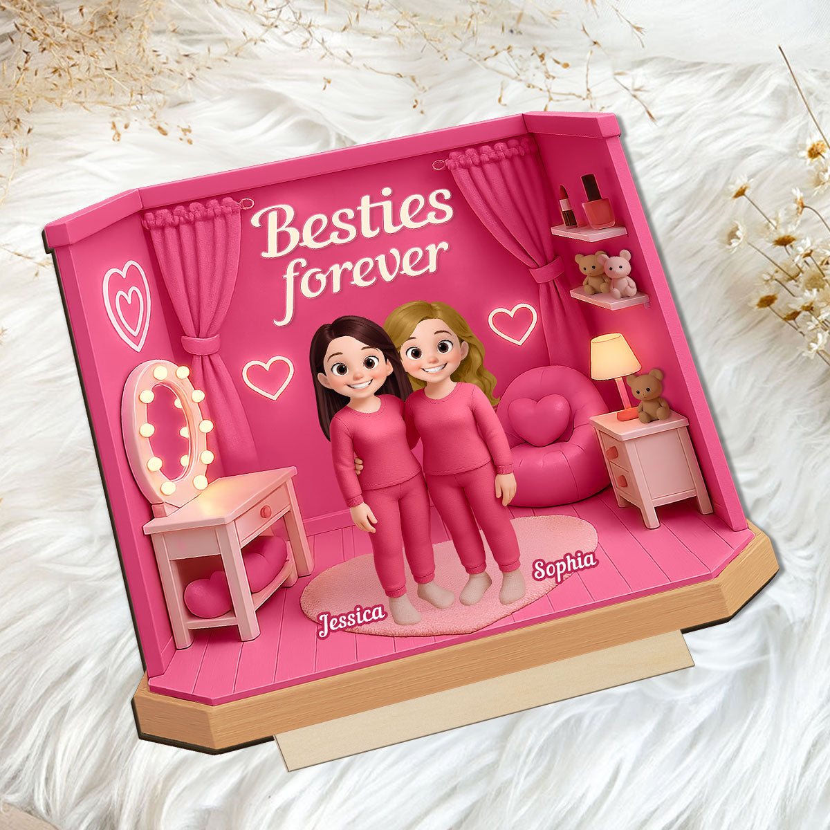 3D Effect Besties Pink Tone Dream Dollhouse Personalized Flat Standing Wooden Plaque