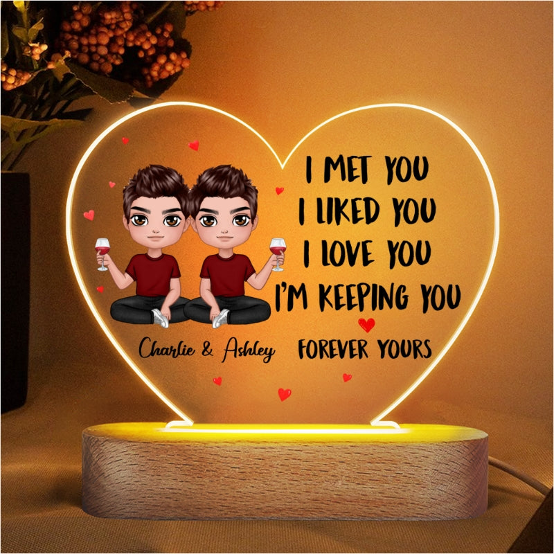 Doll Couple Sitting I Met You Gift For Him For Her Personalized Acrylic Heart Plaque LED Night Light