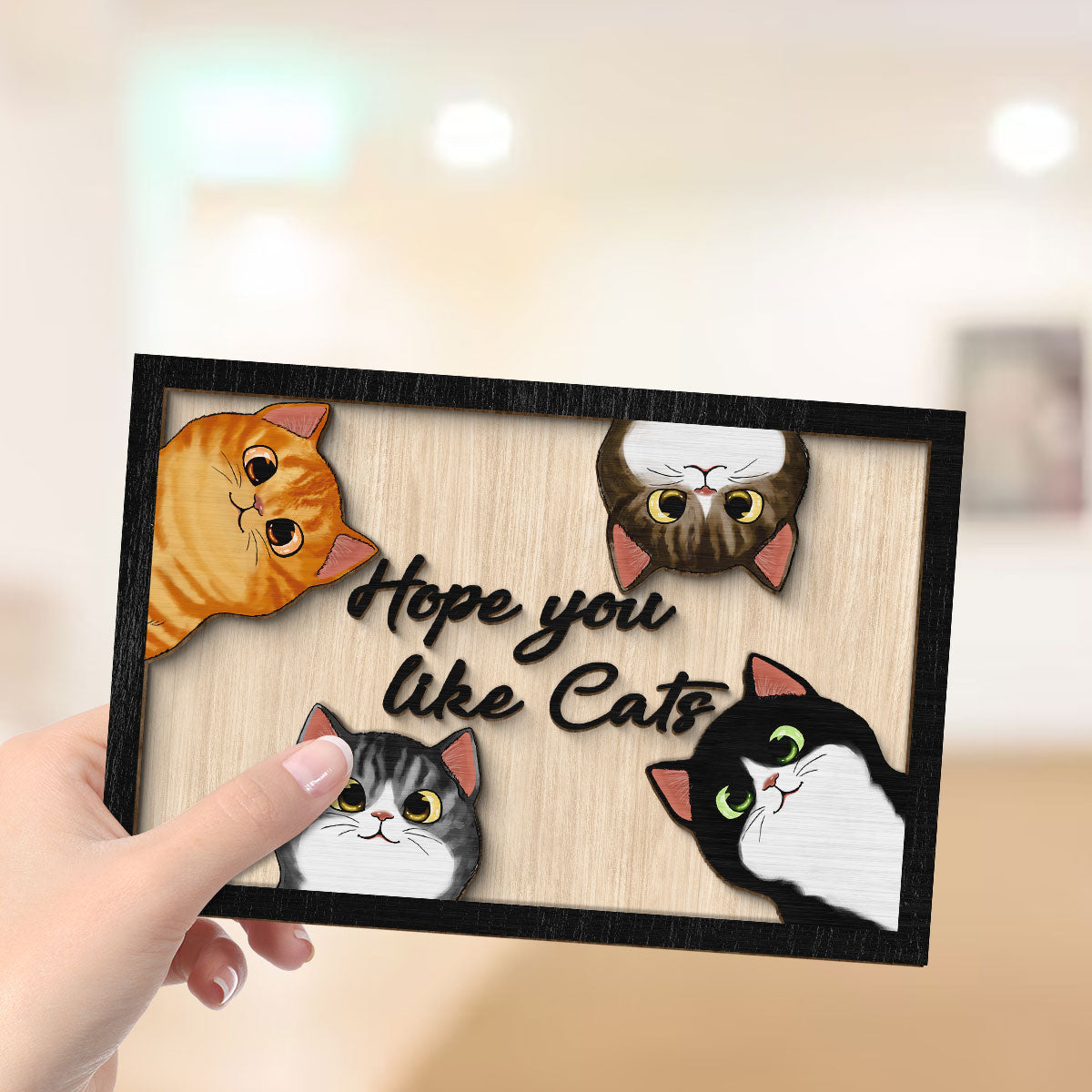 Hope You Like Cats Peeking Fluffy Cats Personalized 2-Layer Wooden Plaque