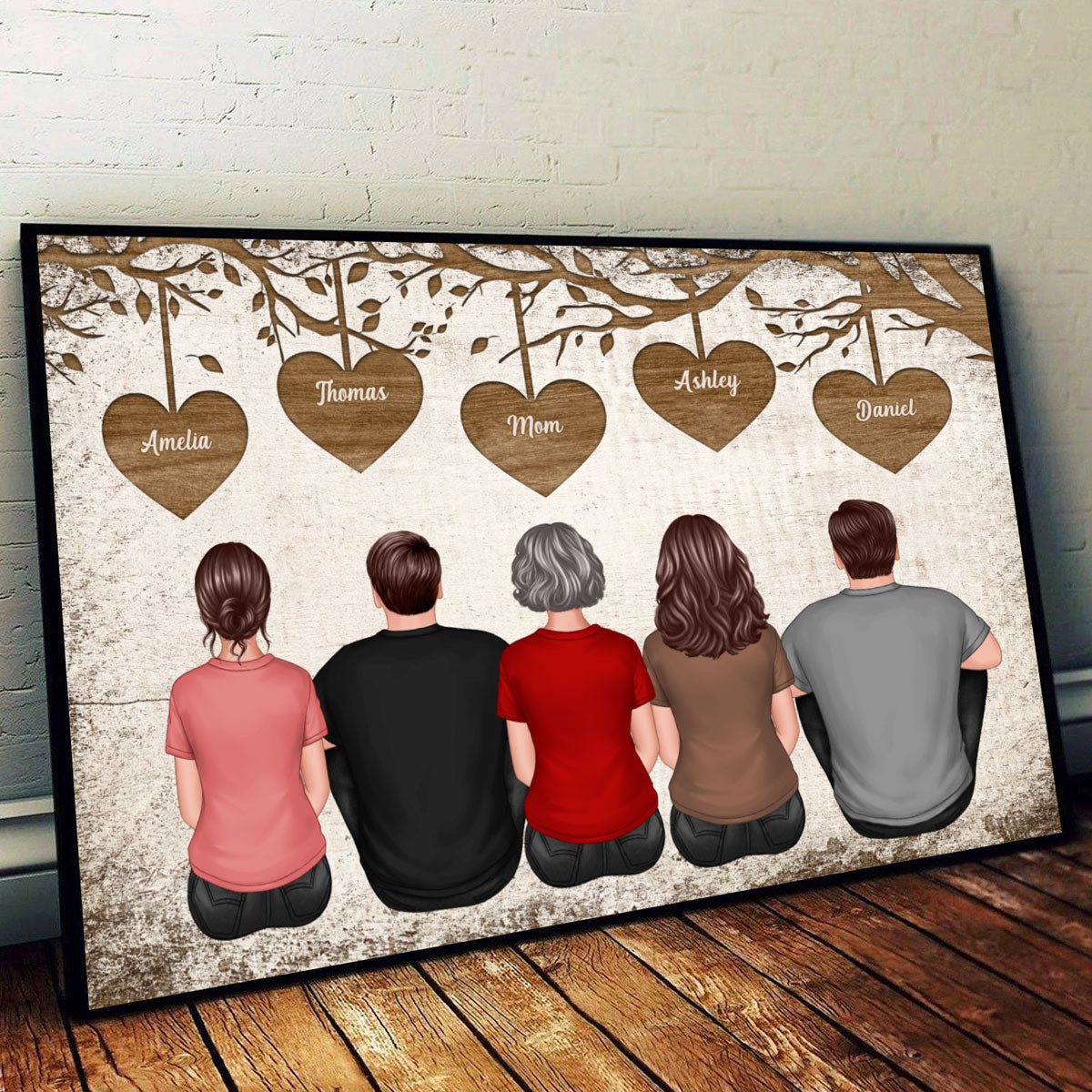 Back View Mom And Daughters Sons Sitting Under Heart Tree Personalized Horizontal Poster
