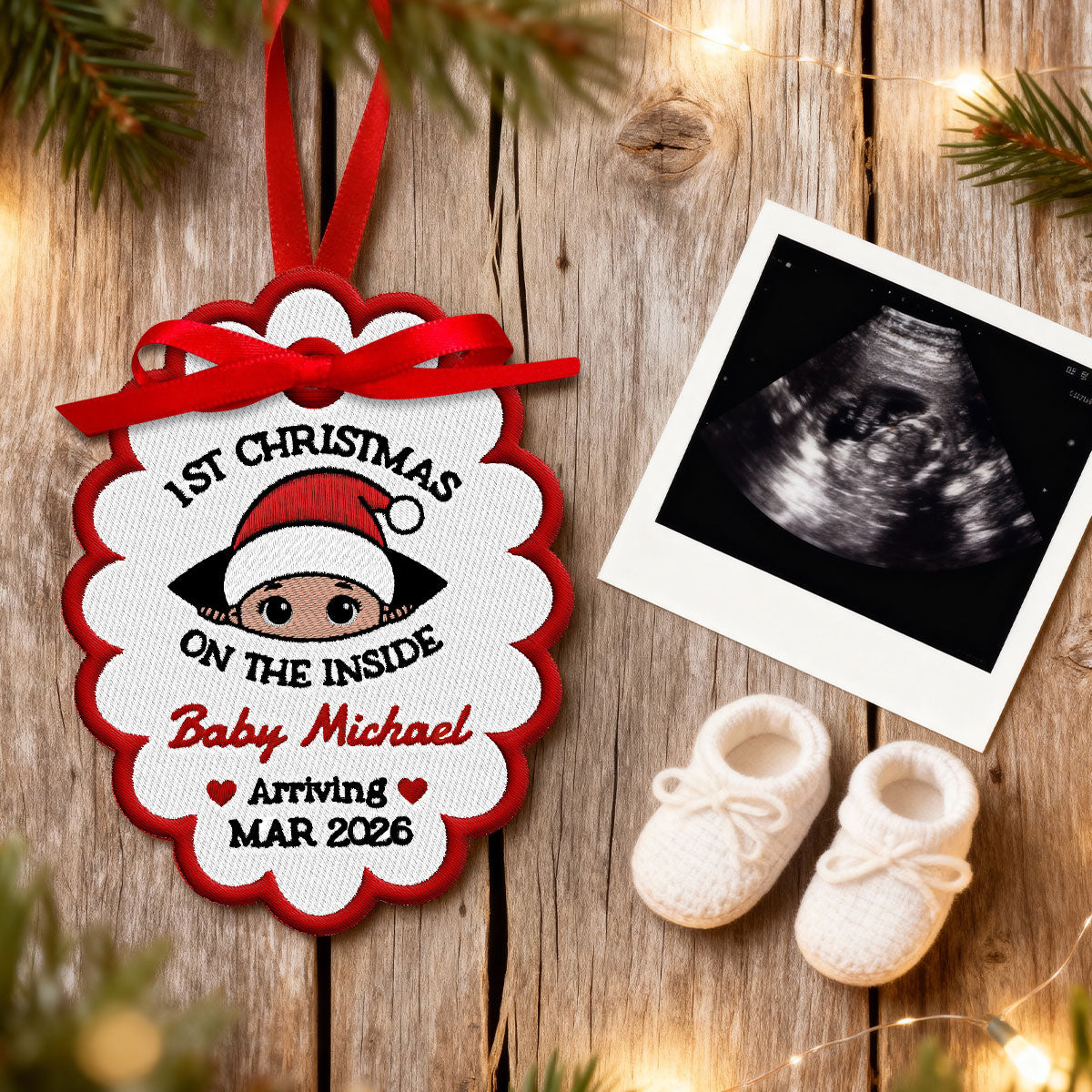 Baby 1st Christmas On The Inside - Personalized Embroidered Ornament - Custom Pregnancy Reveal Ornament, Expecting Parents