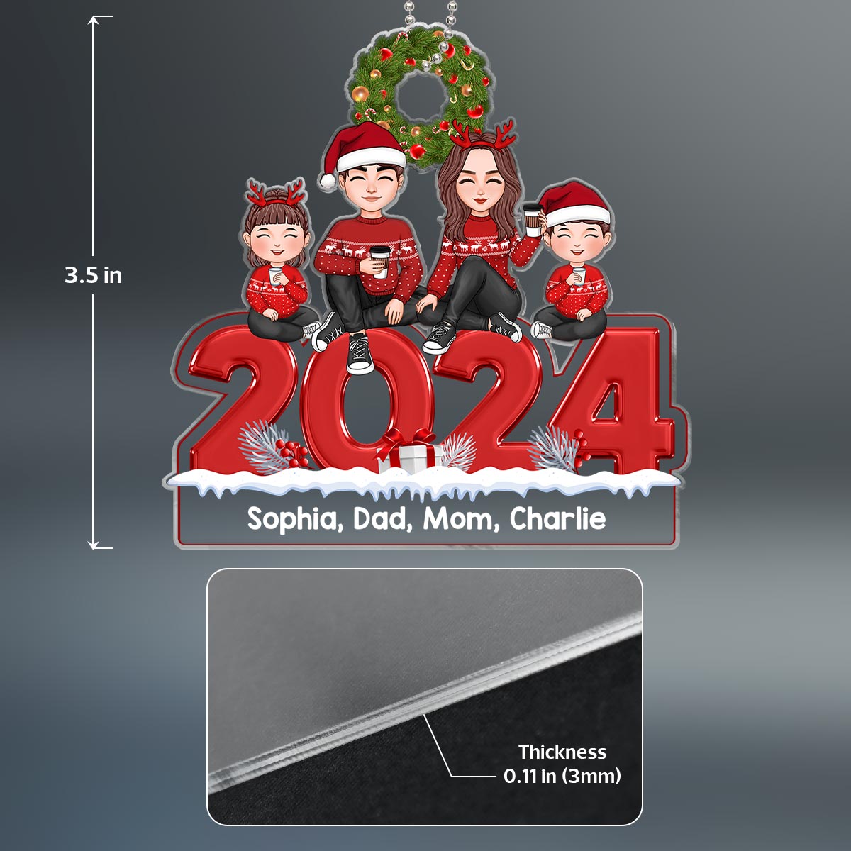 Christmas 2024 Cute Family Dad Mom Kids Dogs Cats Sitting Personalized Acrylic Ornament