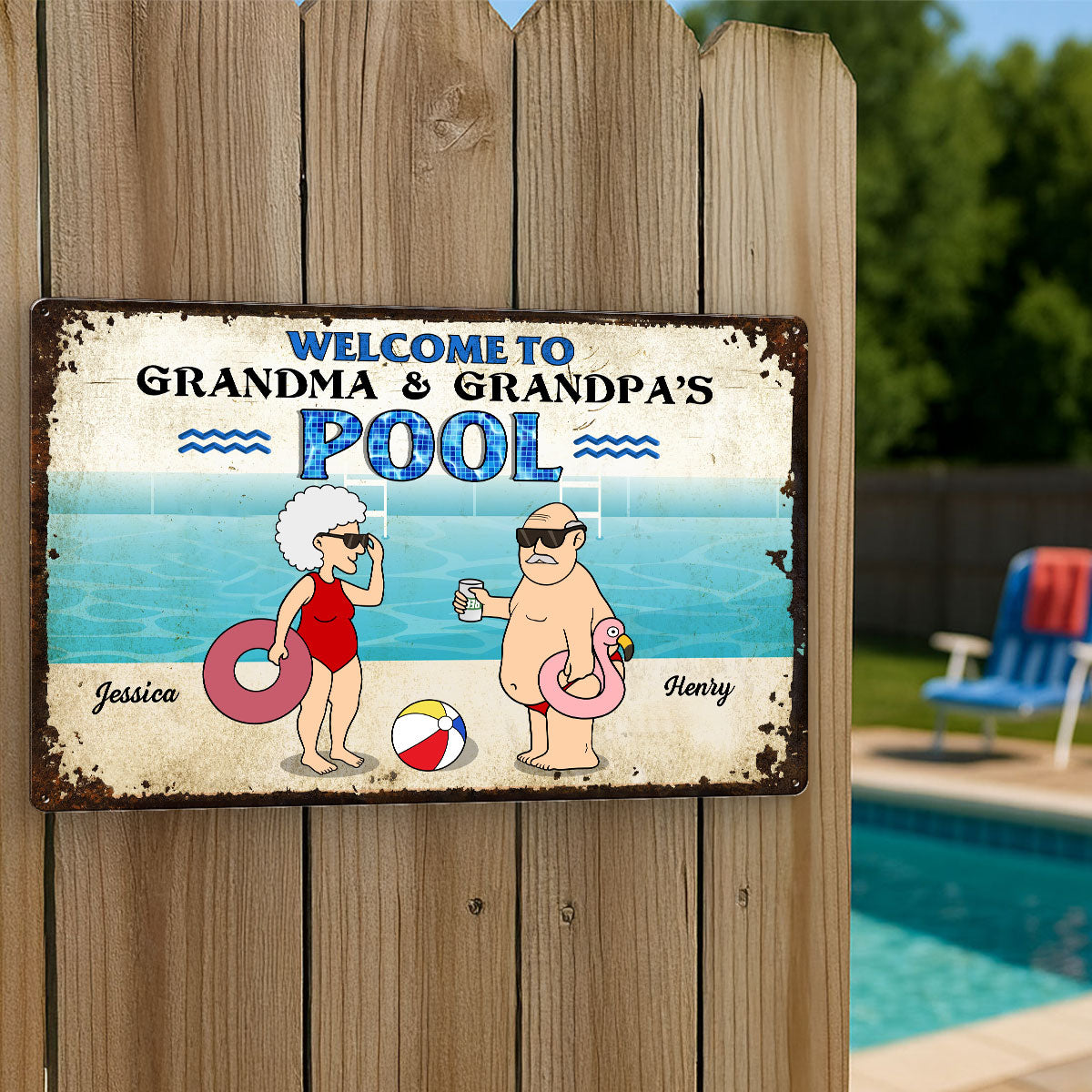 Welcome To Grandma Grandpa Pool, Funny Cartoon Personalized Metal Sign