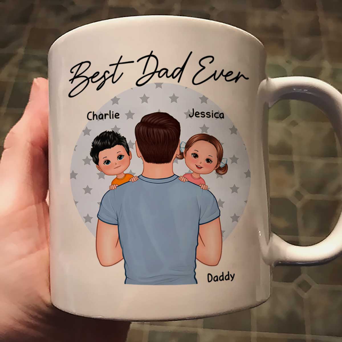 Blue Stars Dad Carrying Kids On Shoulder Gift For Dad Personalized Mug