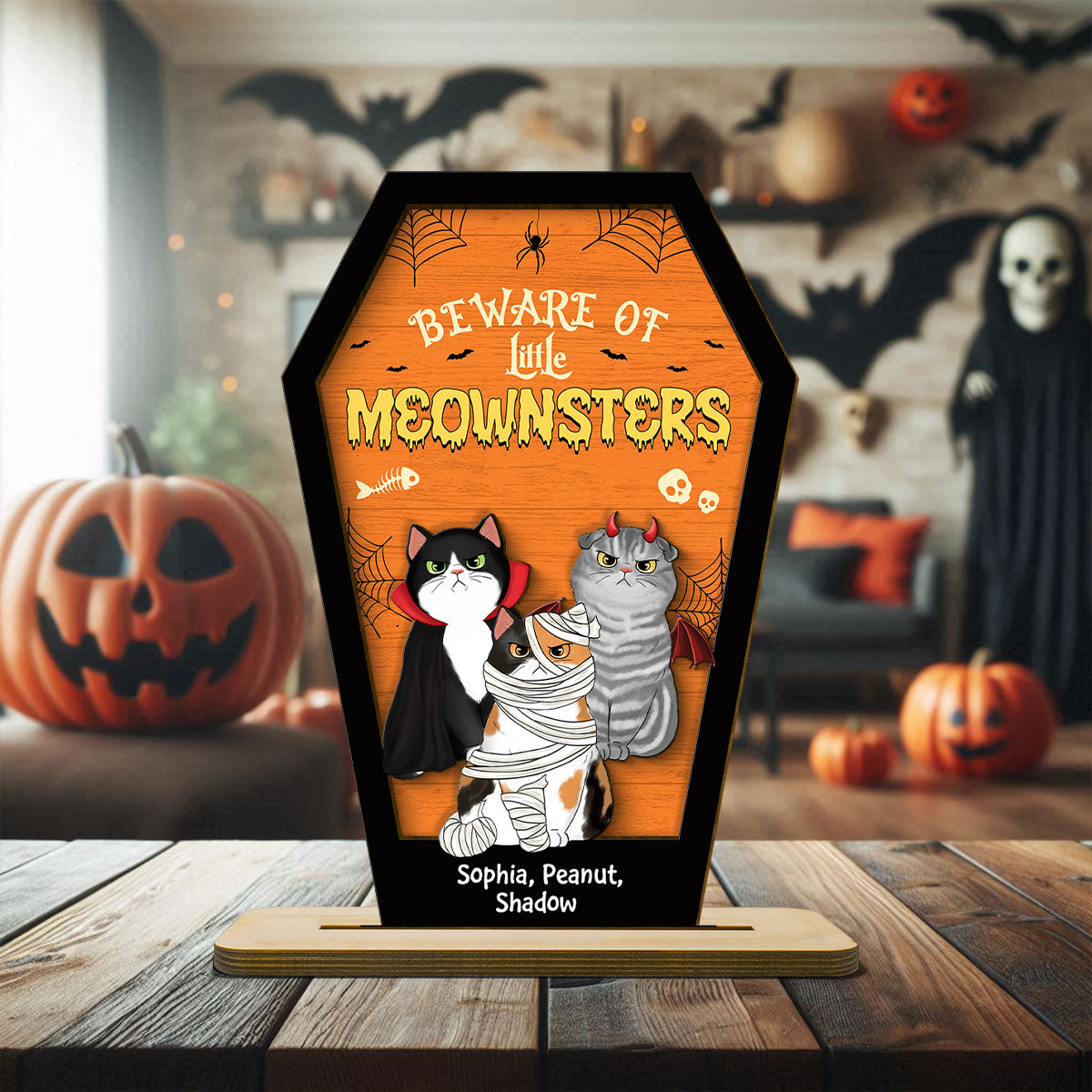 Beware Of Little Meownsters Coffin Shaped Personalized 2 Layer Standing Wooden Plaque, Halloween Tiered Tray Decor