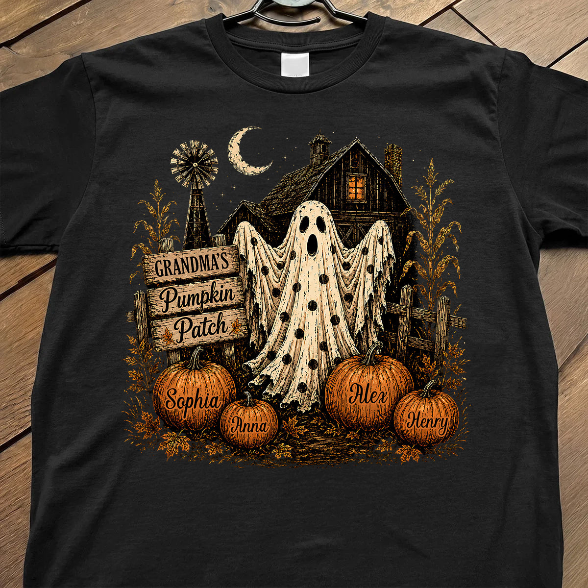 Grandma's Pumpkin Patch Haunted House - Personalized Shirt - Cozy Fall Halloween Tee for Grandma