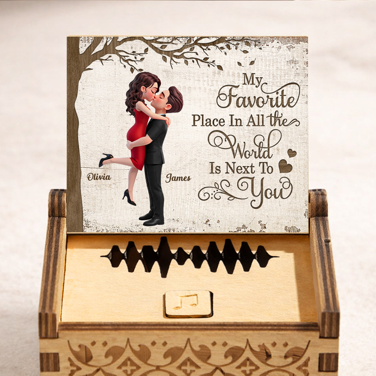 My Favorite Place is Next to You Couple Hugging Kissing - Personalized Wooden Music Box - Heartfelt Valentine's Day Gift for Her, for Him