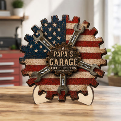 Rustic Workshop Little Helpers Nation Flag Theme 2D Flat - Personalized 2-Layered Wooden Plaque - Father's Day Gift For Patriotic Mechanic Dad, Grandpa