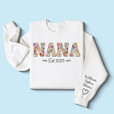 Vintage Flowers Grandma Est With Grandkids Names Personalized Sleeve Printed Shirt