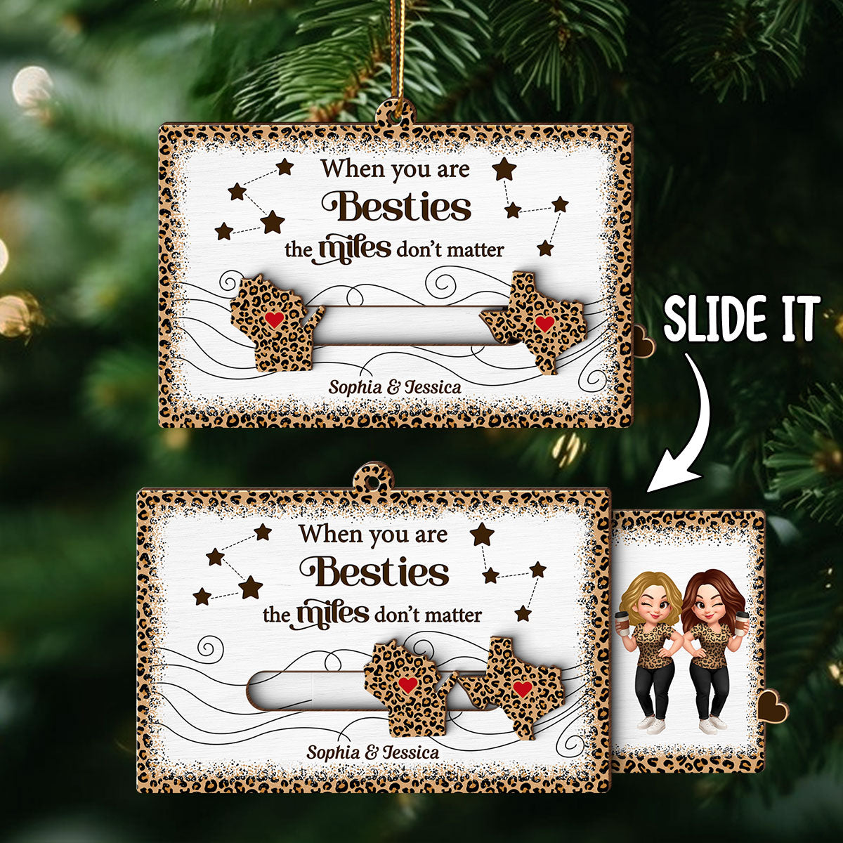 Long Distance Leopard State Map Besties Sisters Personalized Slider Ornament, Meaningful Christmas Gift