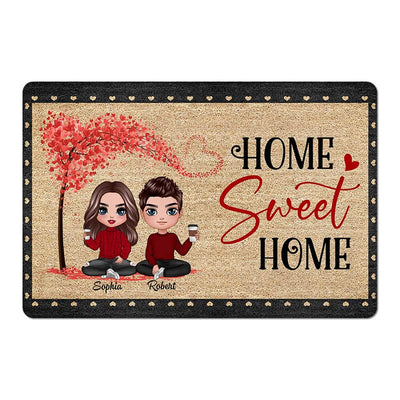 Home Sweet Home Doll Couple Under Heart Tree Personalized Doormat
