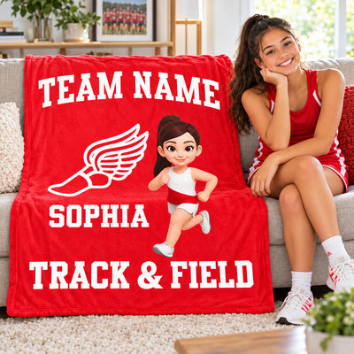Track & Field Boy Girl Custom Name And Team Name - Personalized Fleece Blanket - Christmas Gift For Grandson, Son, Granddaughter, Daughter