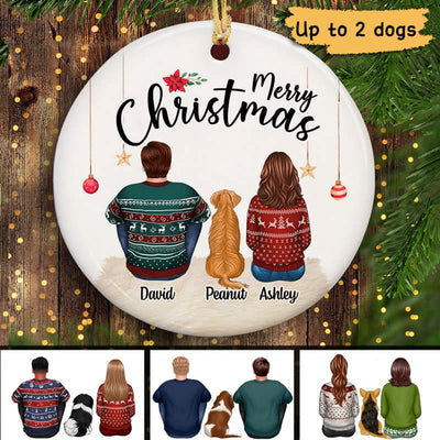Couple Sitting With Dogs Christmas Personalized Circle Ornament