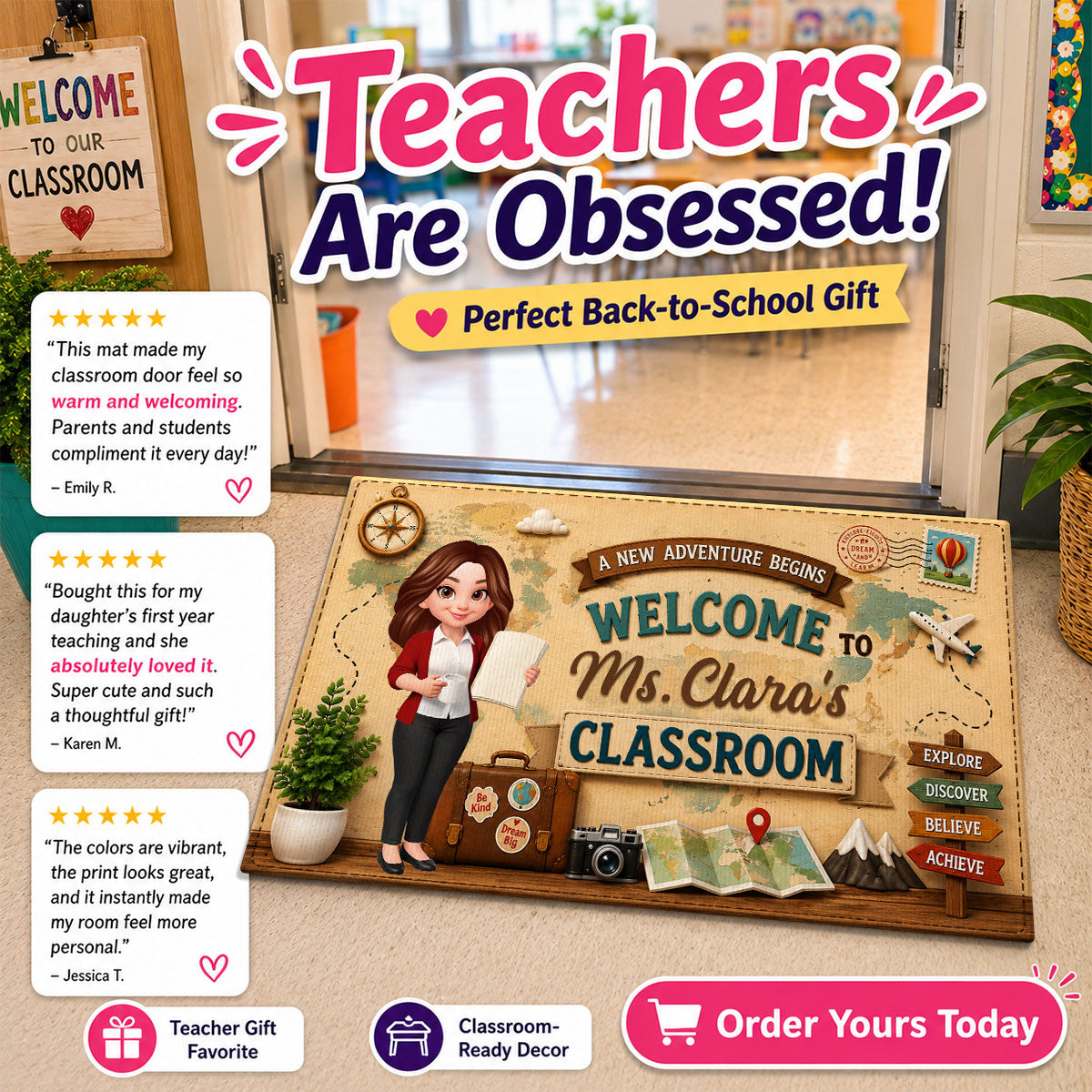 A New Adventure Begins Teacher Classroom - Personalized Doormat - Back To School Gift For Teacher, Classroom Decor