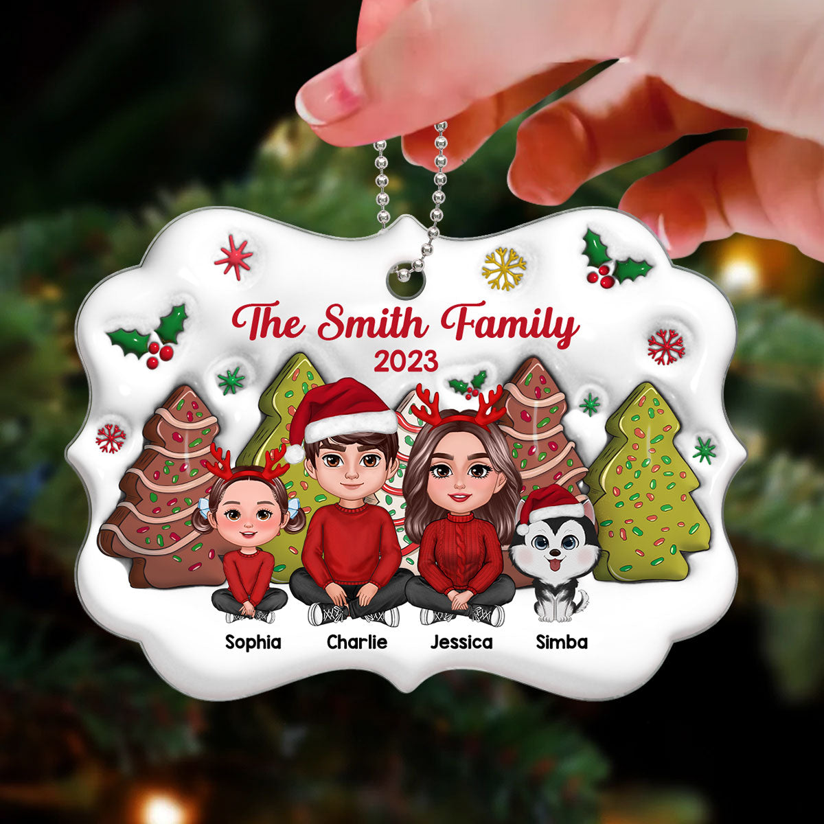 3D Christmas Tree Cakes Inflated Family Sitting Crossed Legs Personalized Acrylic Ornament
