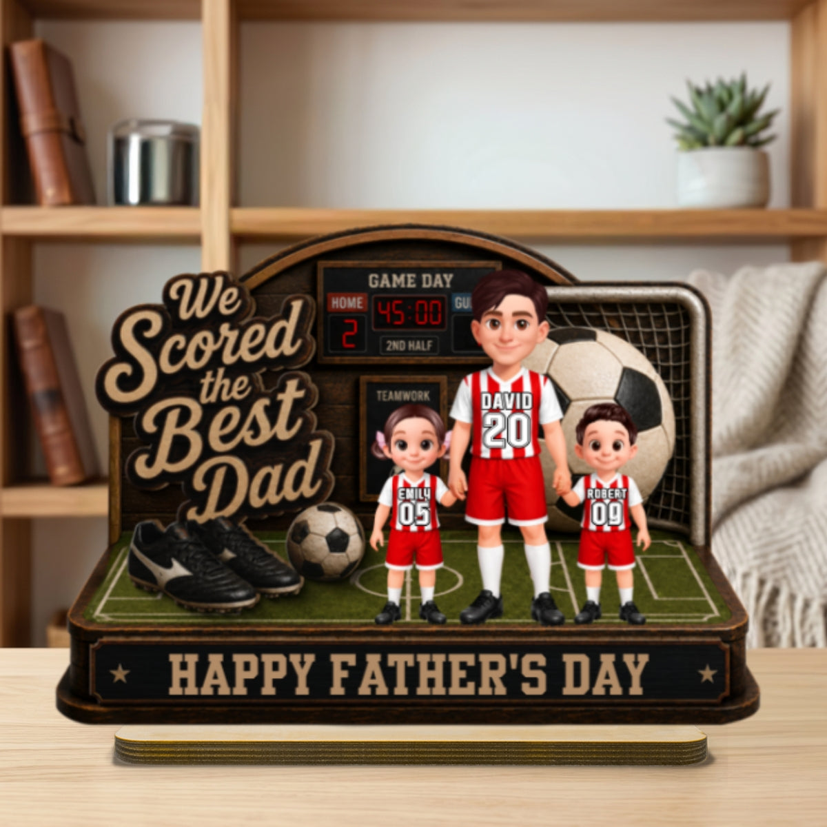 Soccer Dad & Kids On Court 2D Flat - Personalized 2-Layered Wooden Plaque - Father's Day Gift For Soccer Dad, UK Football Dad