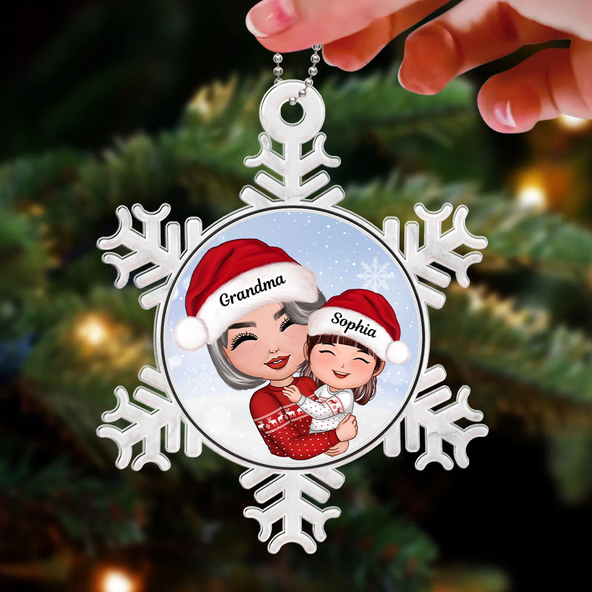 Doll Grandma Hugging Grandkid Personalized Snowflake Shaped Acrylic Ornament