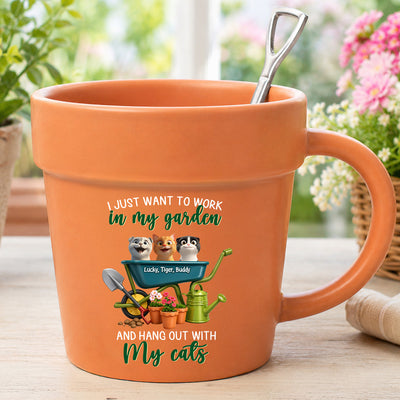 Just Want To Work In My Garden With My Cats - Personalized Plant Pot Ceramic Mug - Gift For Gardening Lovers