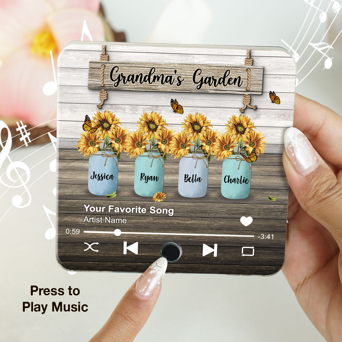 Grandma Garden Sunflower Vase Personalized Music Fridge Magnet, Heartfelt Gift for Grandma, Mom