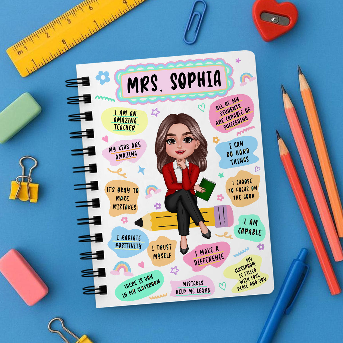 Teacher Daily Affirmation Personalized Spiral Notebook Journal, Back To School Stationery For Teacher