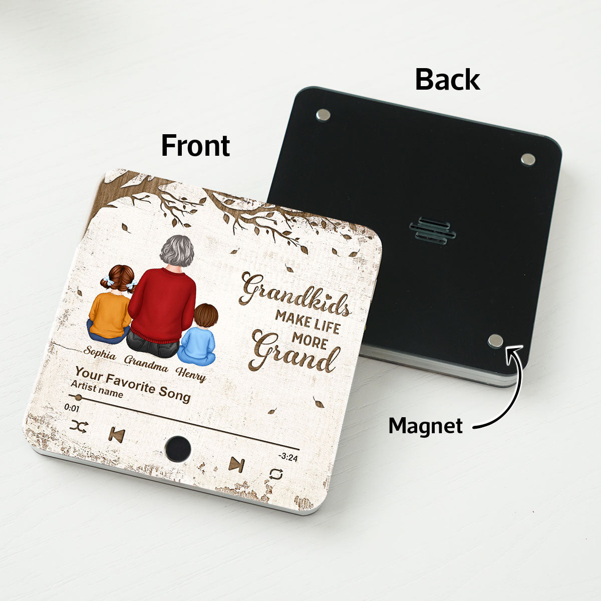 Grandkids Make Life More Grand, Grandma Grandkids Sitting Back View Personalized Music Fridge Magnet, Gift for Grandma