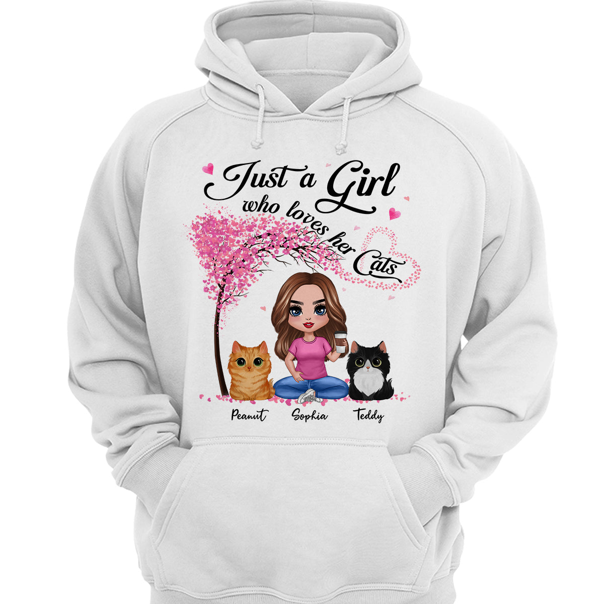 Doll Woman And Cats Sitting Under Pink Heart Tree Personalized Shirt