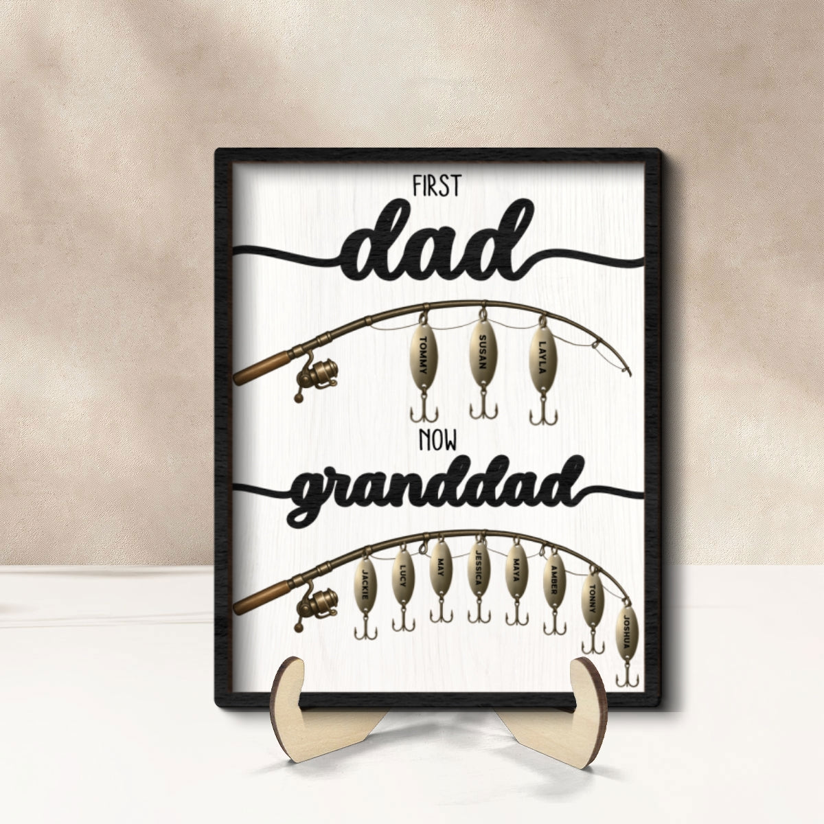 First Dad Now Grandpa Fishing Lures With Kids' Names Personalized 2-Layered Wooden Plaque, Father's Day Gift For Husband, For Dad, For Grandpa