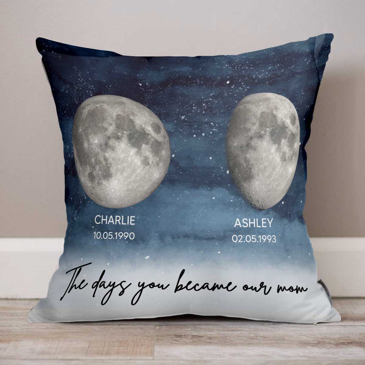 Starry Night Custom Birthday Moon Phase The Day You Became Mom Personalized Pillow, Gift