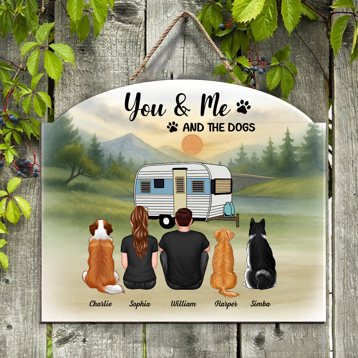 Couple And Dogs Camping Retro Mountain Personalized Wood Sign, Gift for Camping & Dog Lovers