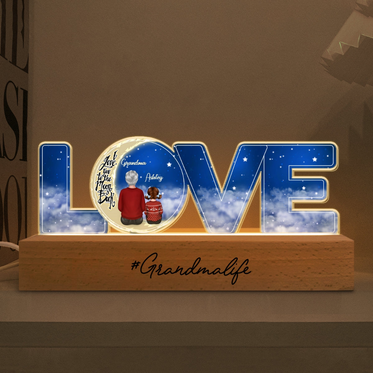 Love Grandma Life Grandma Grandkids On Moon Personalized Acrylic LED Night Light, Gift For Granddaughter, Grandson