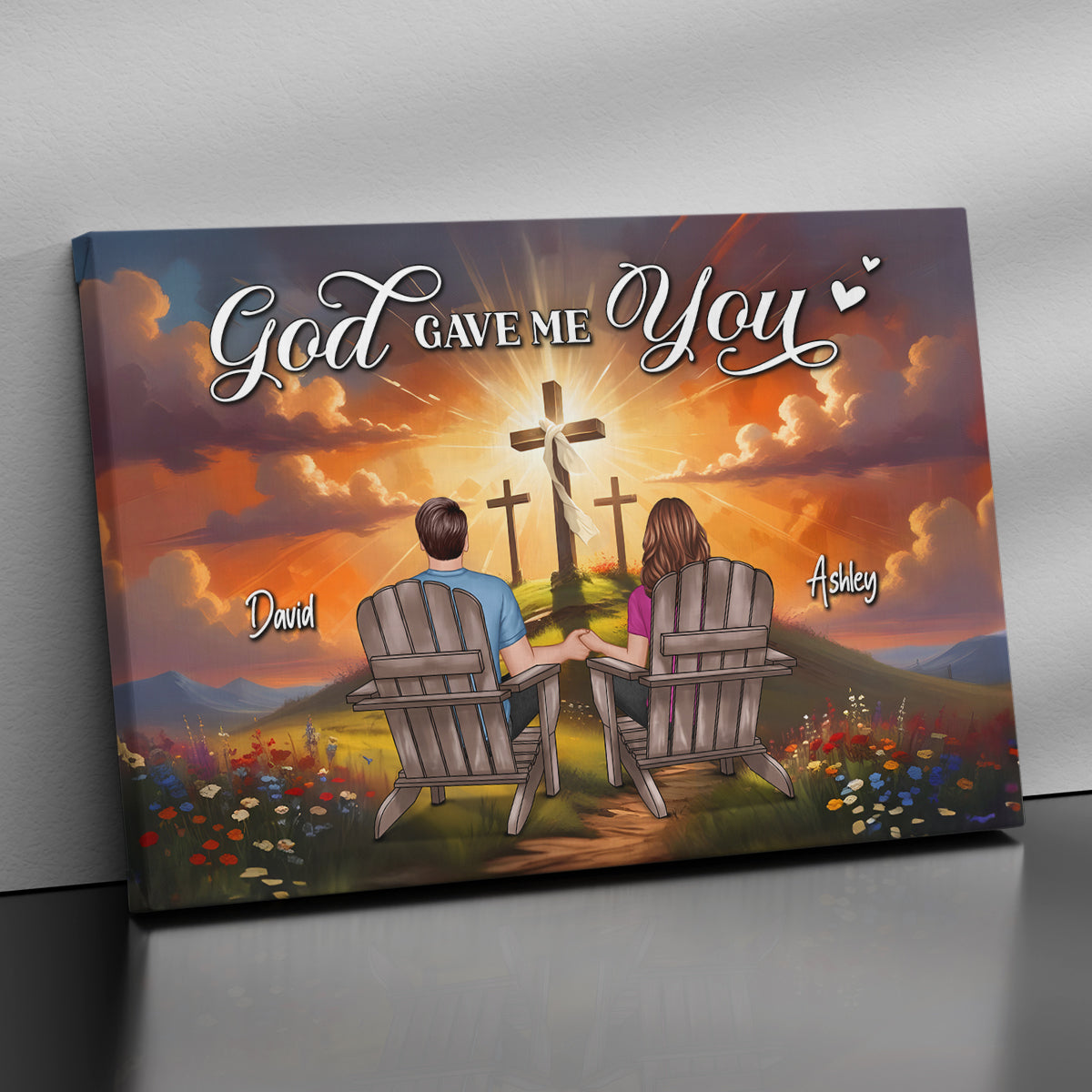 Cross On Mountain God Gave Me You Couple Sitting Personalized Canvas, Anniversary Gift For Him, Her
