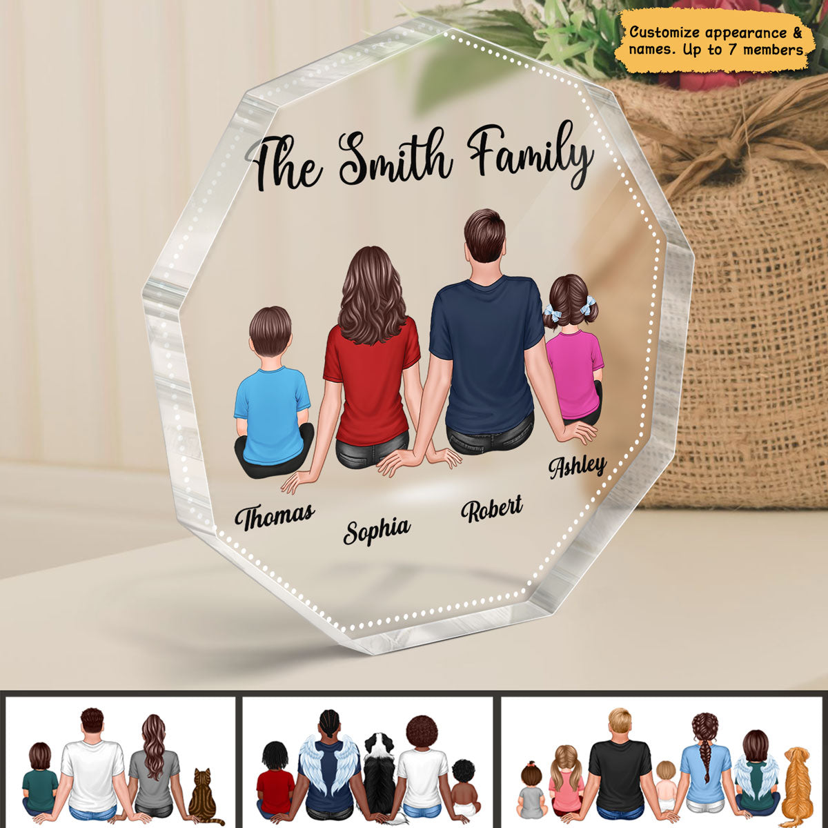 Family Couple Kid Dog Cat Sitting Back View Family Keepsake Decor Personalized Nonagon Acrylic Block Plaque