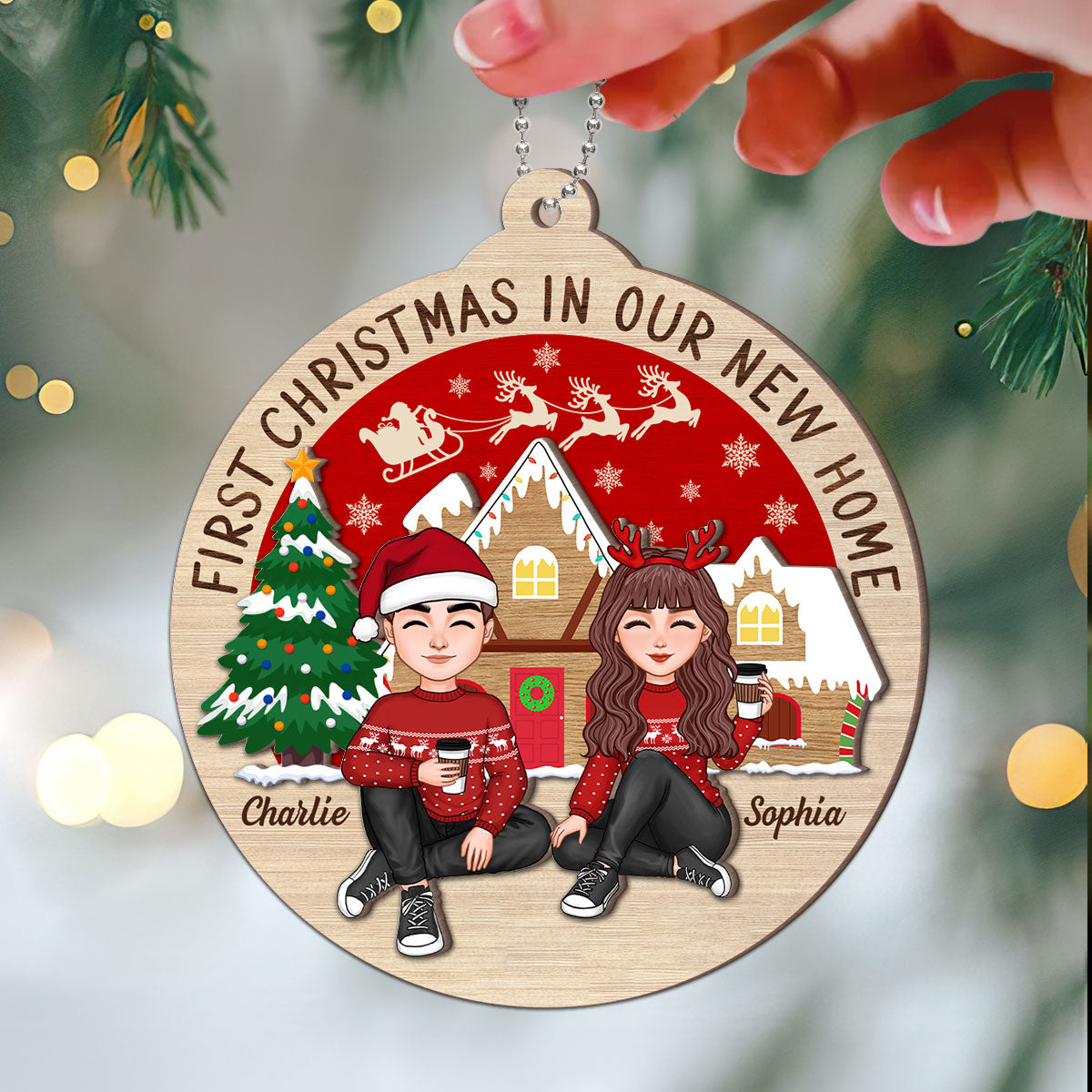 First Christmas In Our New Home Couple Sitting Personalized 2-Layer Wooden Ornament