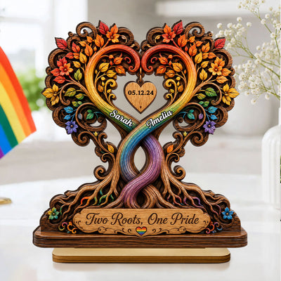 Two Roots One Pride LGBTQ+ Couple - Personalized 2-Layered Wooden Plaque - Heartfelt Anniversary Gift for Her, for Him