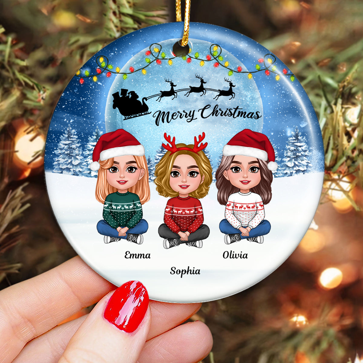 Besties Sisters In Moonlight Snow Christmas Personalized Circle Ornament