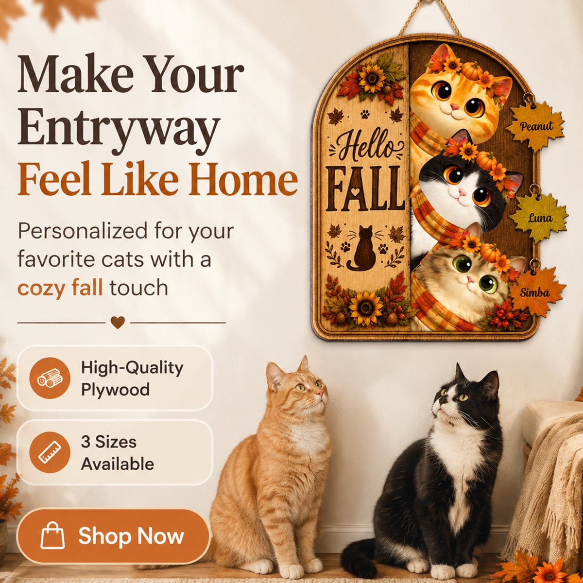 Hello Fall Peeking Cats 2D Flat - Personalized Door Sign - Fall Season Decor For Cat Lovers