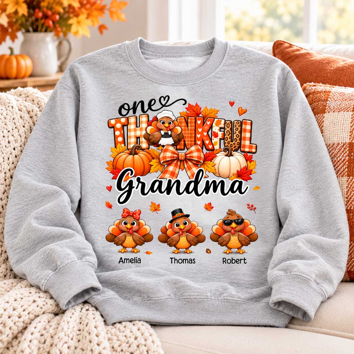 One Thankful Grandma Turkey Thanksgiving - Personalized Shirt - Gift For Mom, Grandma